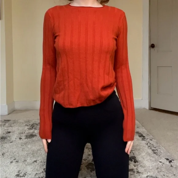 Everlane Vibrant Orange Red Ribbed Sweater Wool Comfy Stretchy NWOT Cute - Picture 3 of 14